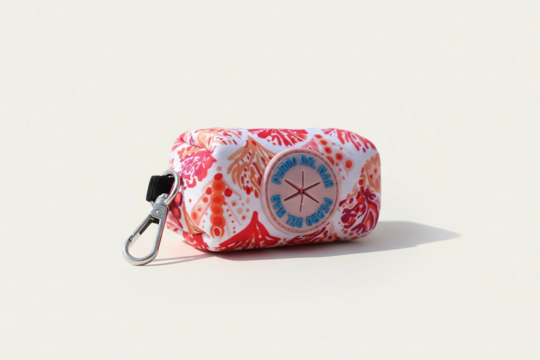 Perro Del Mar Floral Dog Poo Bag Holder with Pink and Coral Pattern.